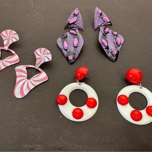 Vintage 80s Bold Earrings Lot dangle hoop purple Pink Red Polka Dot Stripe 3 PR